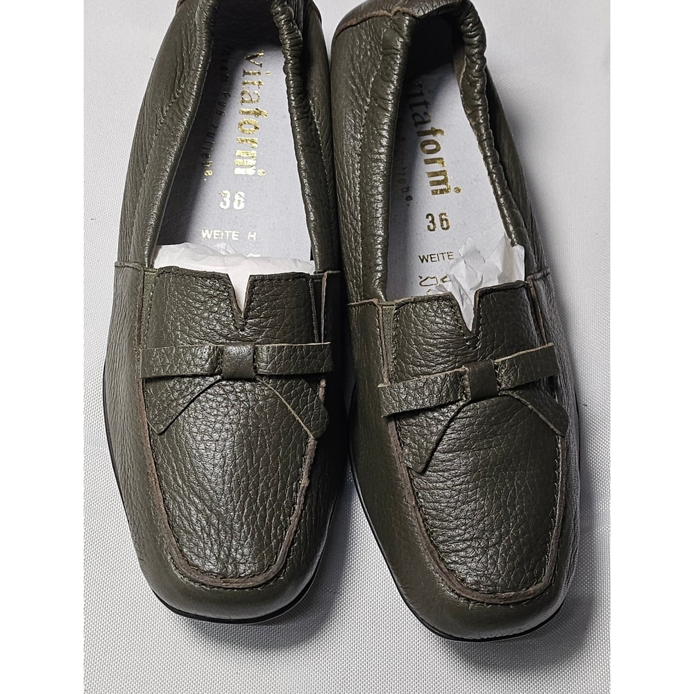 Vitaform Olive Green Leather Loafer Flats Bow Comfort Shoes Womens EU 36H/US 6W